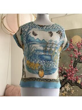Vintage Micro Pleat Plisse Top Blue White Butterfly Beaded Art to Wear Medium